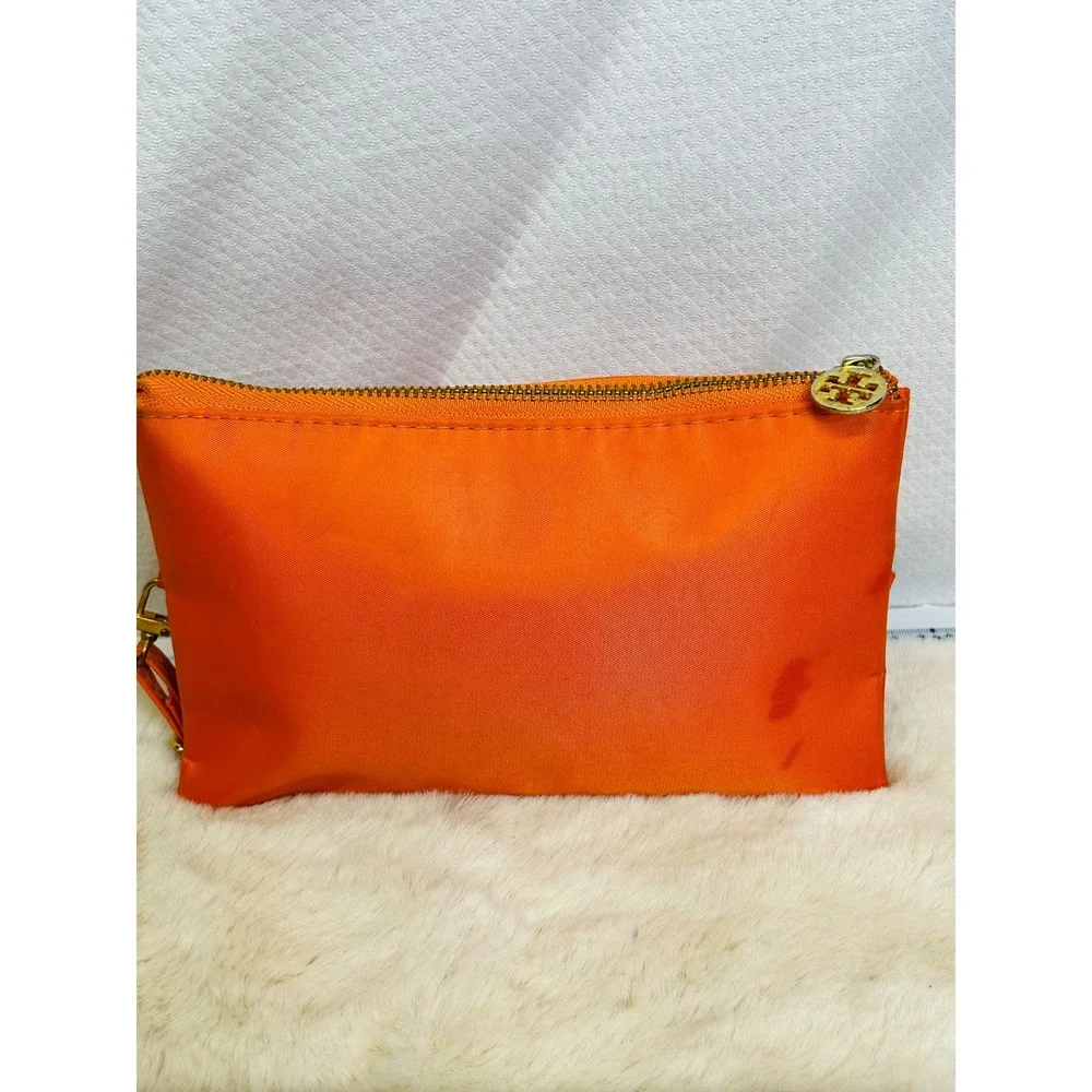 Tory Burch Orange Nylon Crossbody Bag Gold Logo Wristlet Clutch Womens